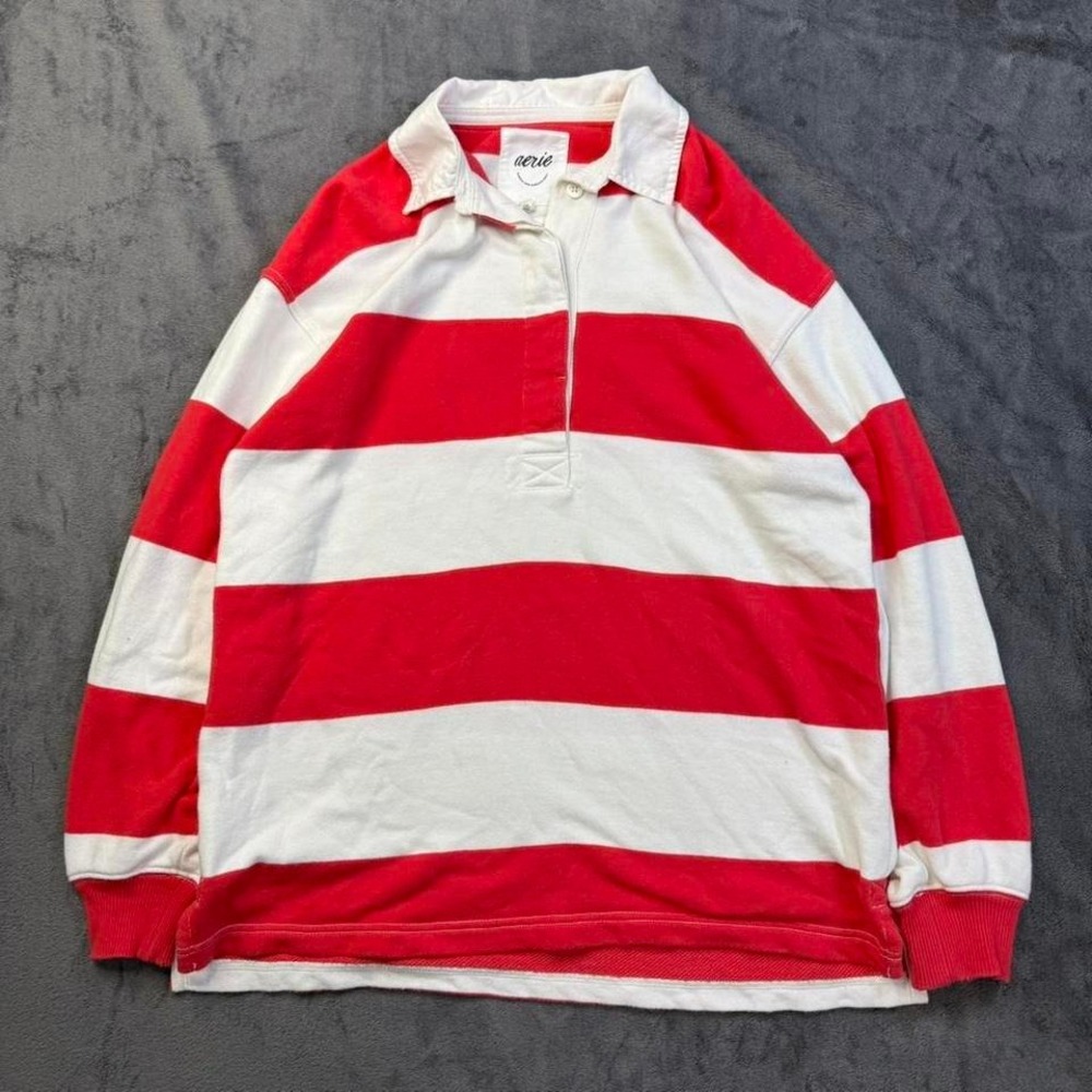 aerie Red and White Striped Rugby Polo